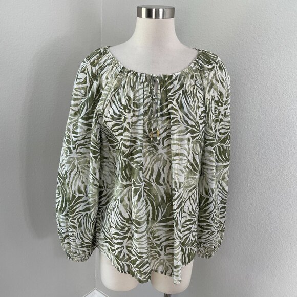 Tommy Bahama Womens Medium Green White Metallic Tropical Cotton Peasant Blouse - Picture 1 of 11